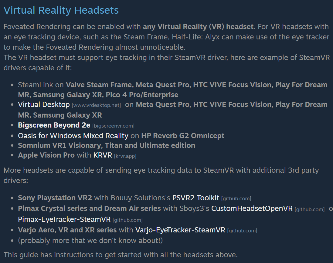 The Virtual Reality Headsets section of Valve's Foveated Rendering on PC guide for Half-Life: Alyx, listing Steam Link, Virtual Desktop and other drivers that pass eye tracking to SteamVR, with PlayStation VR2, Pimax and Varjo under third-party drivers