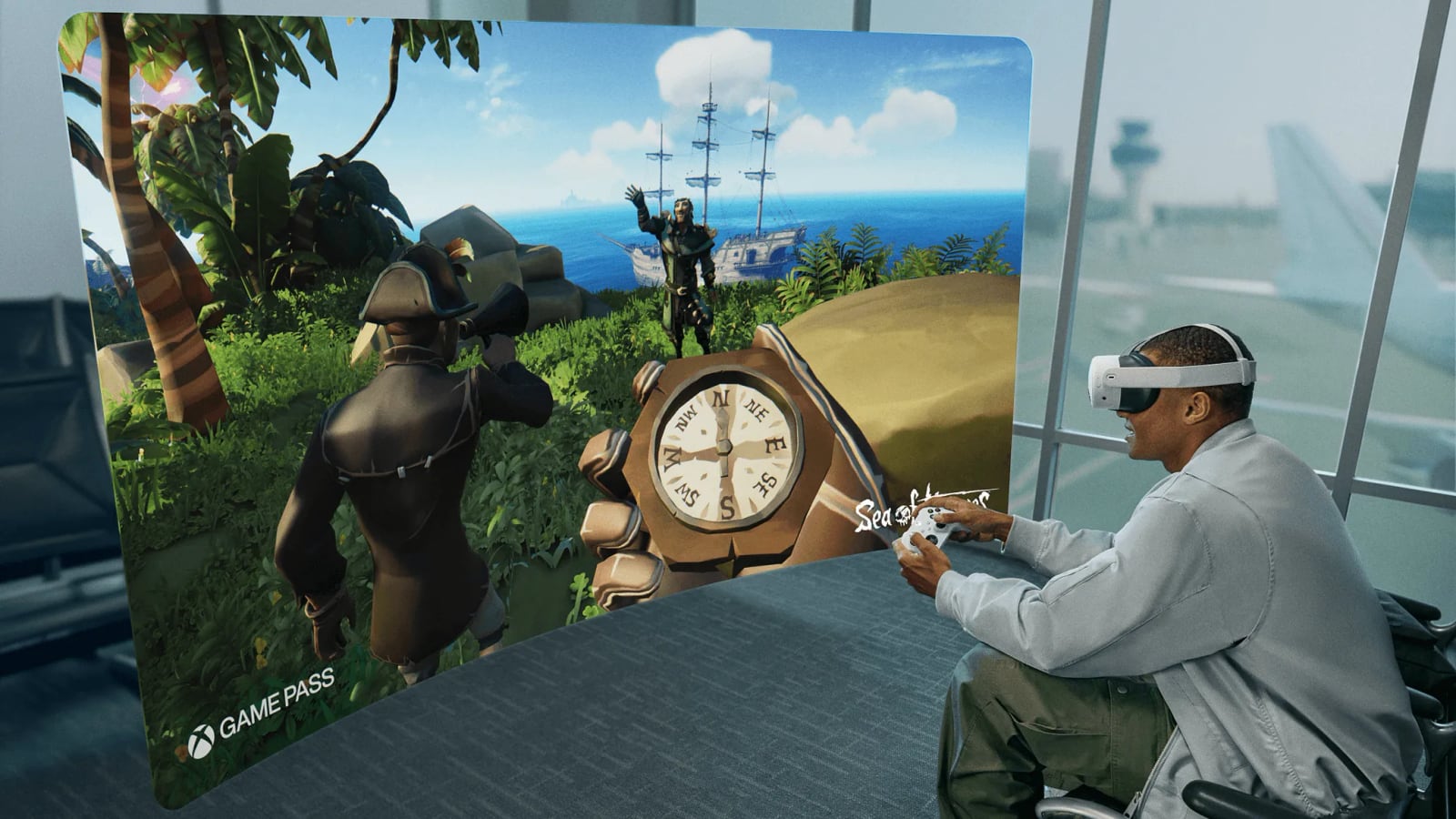 A man in a white Meta Quest 3S holding an Xbox controller, playing a game from Xbox Game Pass on a large virtual screen in an airport lounge