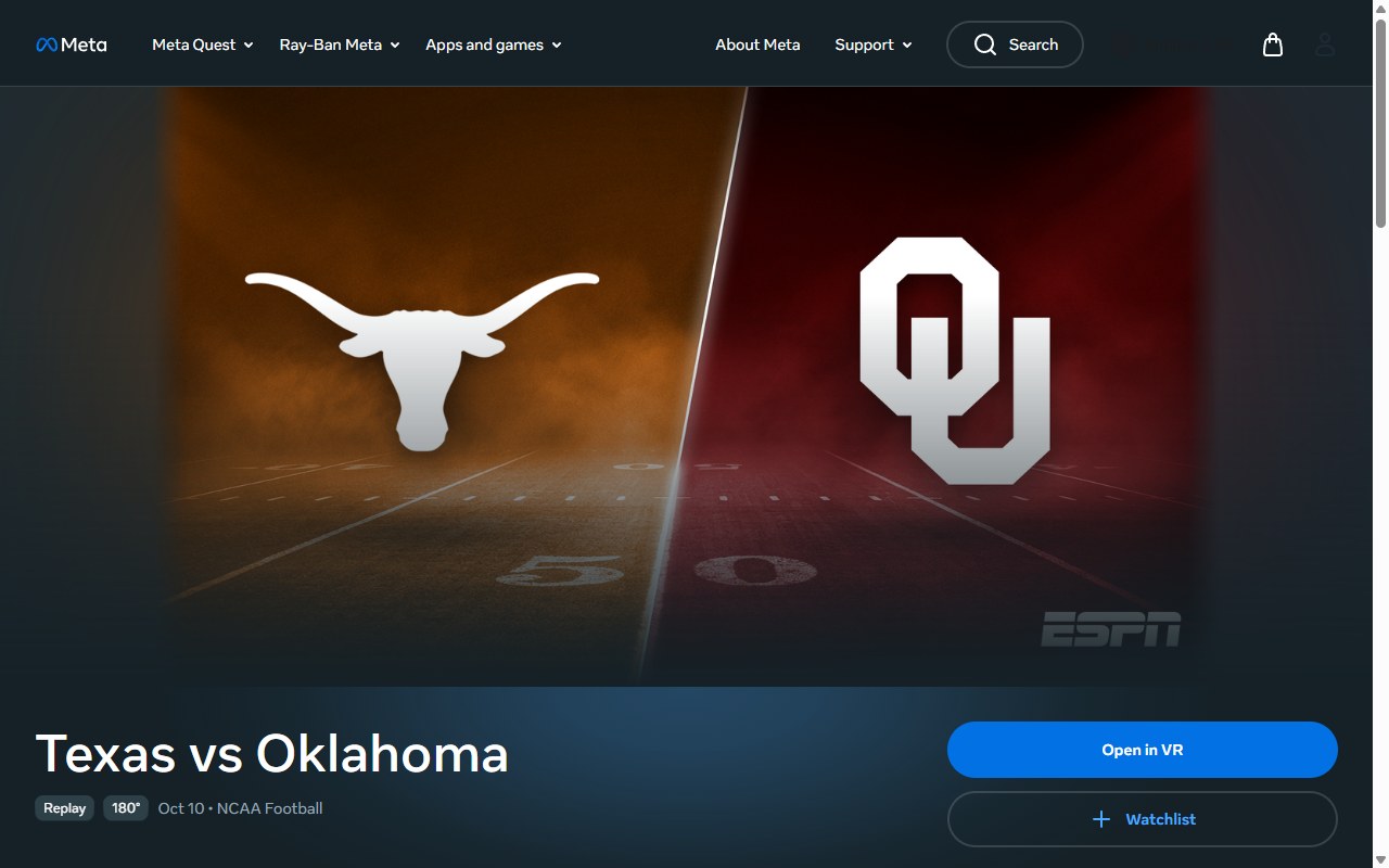 Meta's web listing for Texas vs Oklahoma, showing the Longhorns and Sooners logos over a football field with an ESPN mark, tags reading Replay and 180 degrees, the date Oct 10, and an Open in VR button