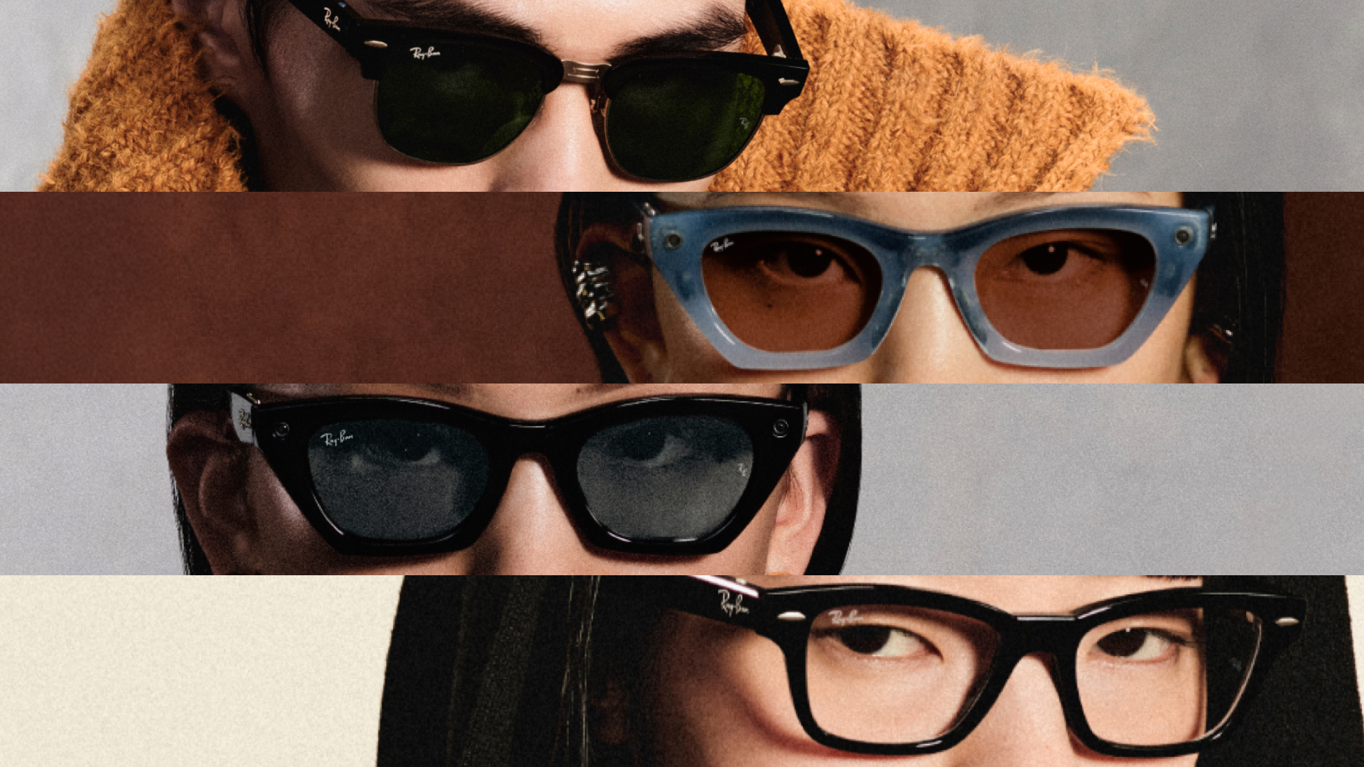 Four stacked close crops of people wearing Ray-Ban Meta frames: green-lensed Clubmaster sunglasses, a translucent blue cat-eye pair, a black cat-eye pair and a black rectangular pair with clear lenses
