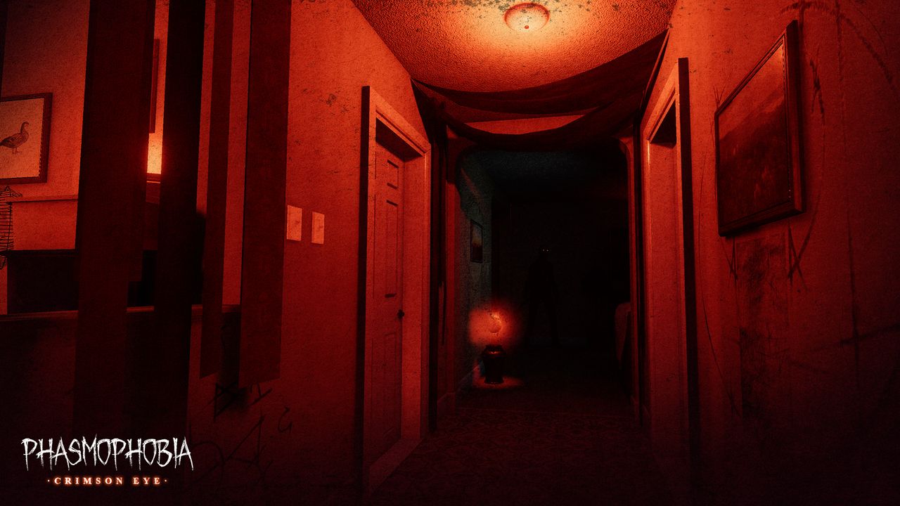 A narrow house hallway in Phasmophobia soaked in red light, doors open on both sides and a single lamp glowing at the far end