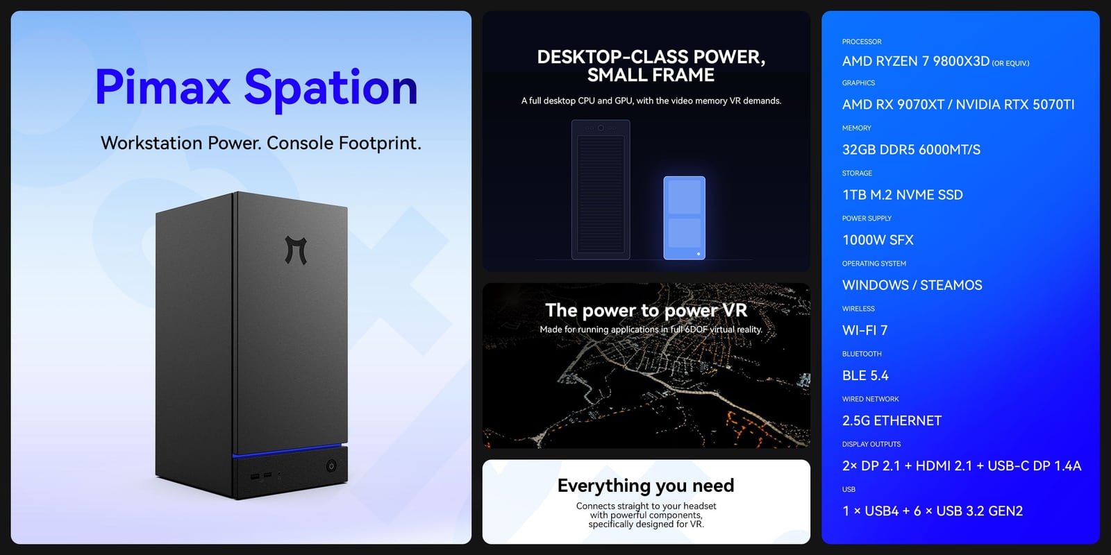 Pimax Spation mini-PC, a narrow black tower with a blue light strip, beside its published component list