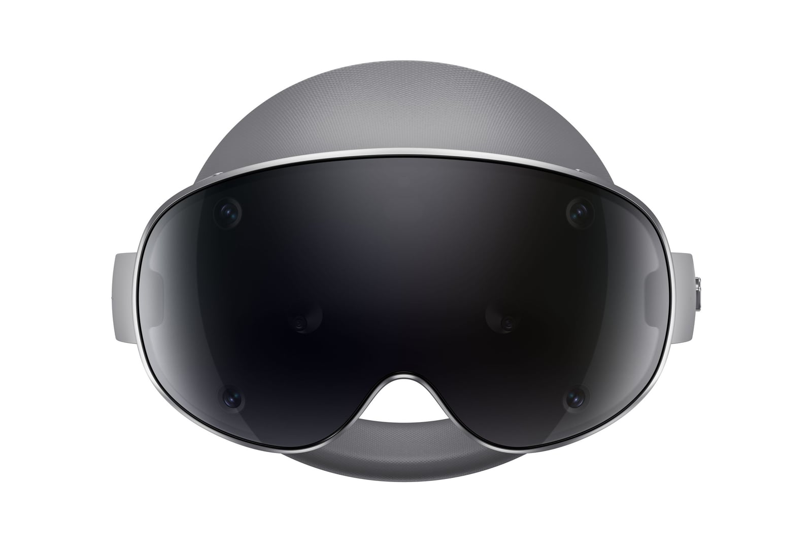Samsung Galaxy XR headset seen head on, with a dark glossy visor, silver frame and gray head cushion