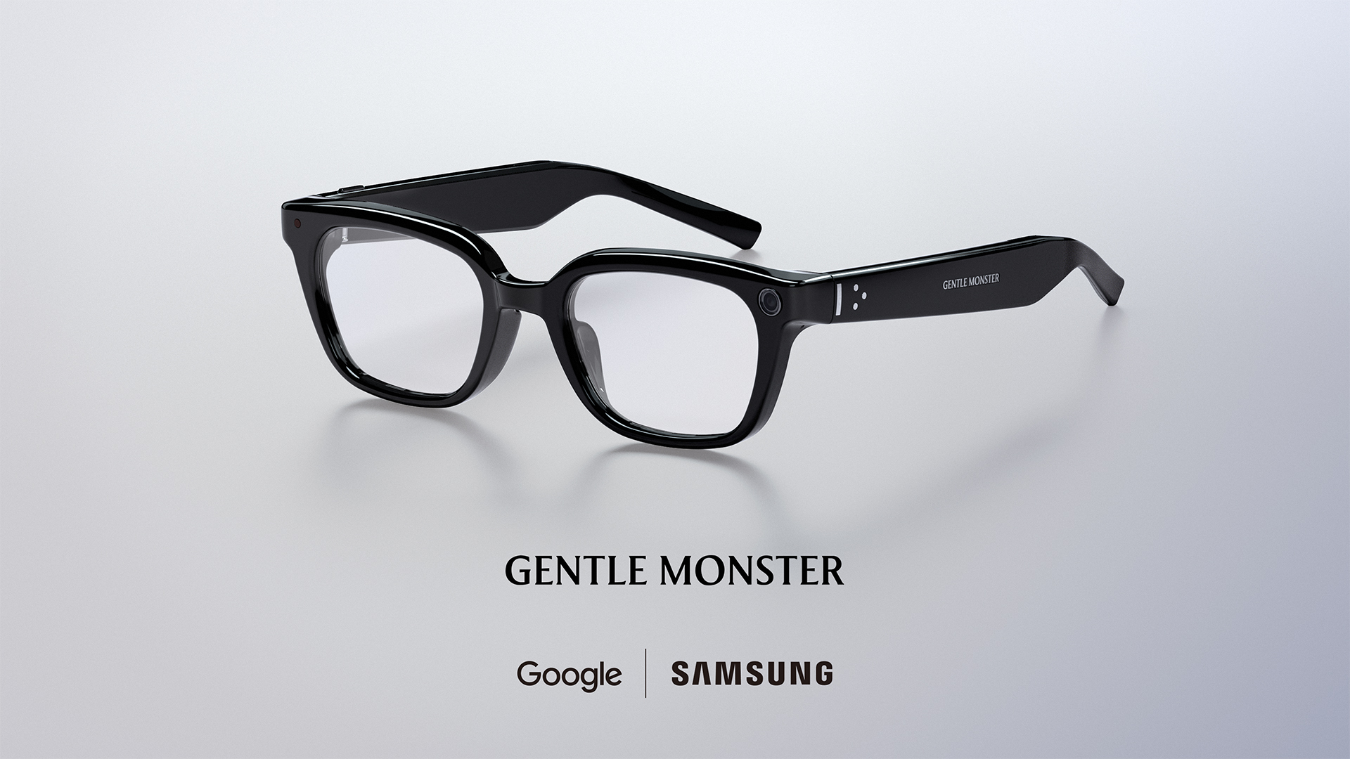 Samsung Intelligent Eyewear in a glossy black Gentle Monster frame