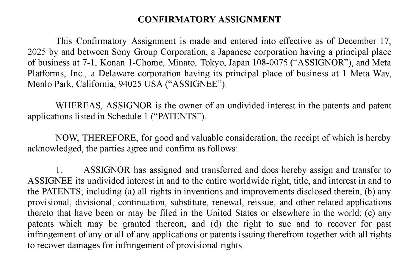 Typed legal document headed Confirmatory Assignment, stating it is effective as of December 17, 2025 between Sony Group Corporation of Tokyo and Meta Platforms, Inc. of Menlo Park, and assigning the entire worldwide right, title and interest in the scheduled patents