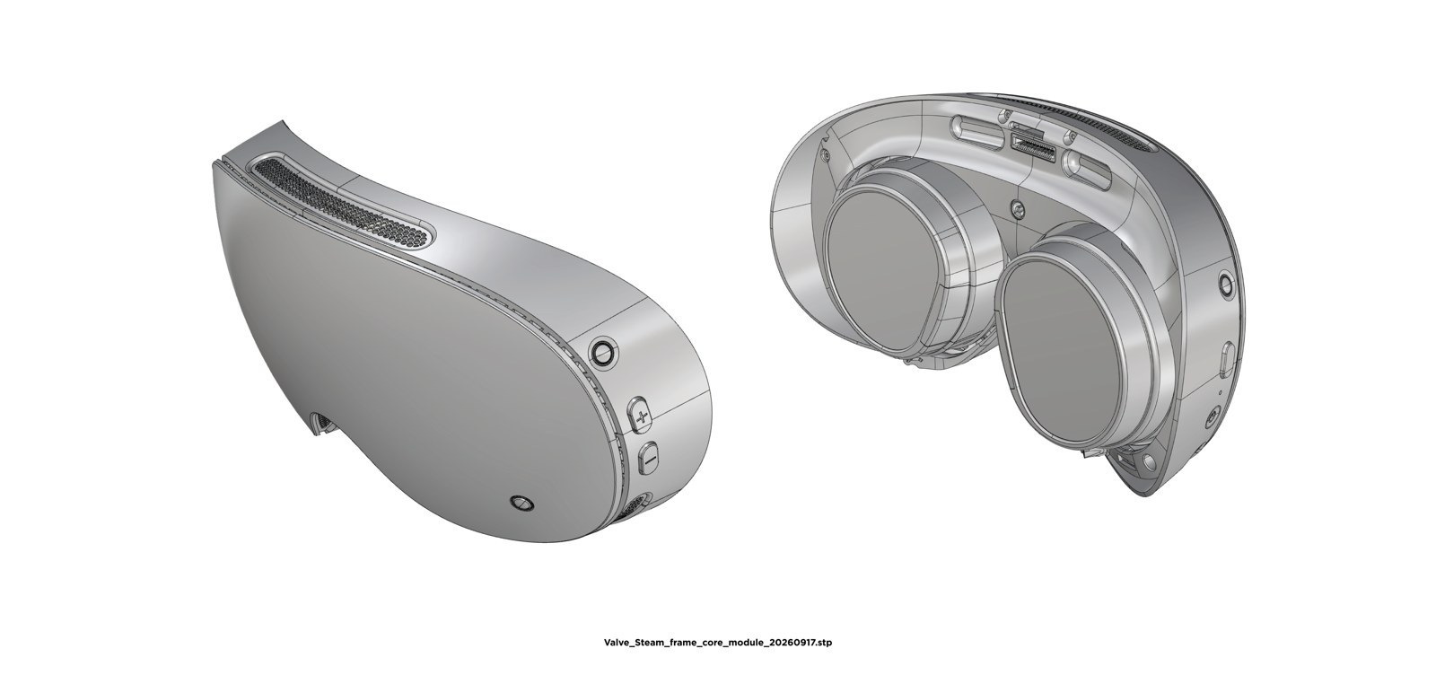 Two CAD renders of the Steam Frame core module from Valve's hardware repository, one from the front and one from the lens side showing the expansion port connector above the nose bridge