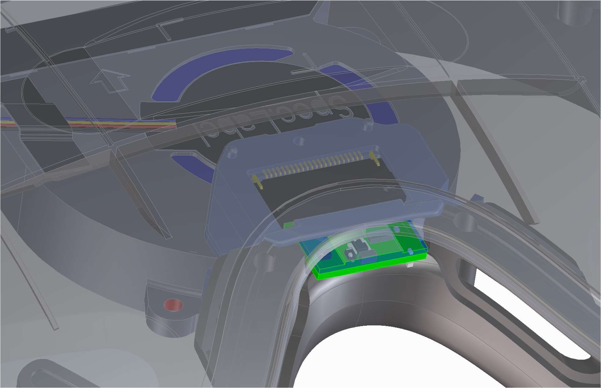 A semi-transparent CAD view from Valve's interface document showing the Steam Frame expansion port connector with its row of gold contacts and a small green paddle board seated in it above the nose bridge