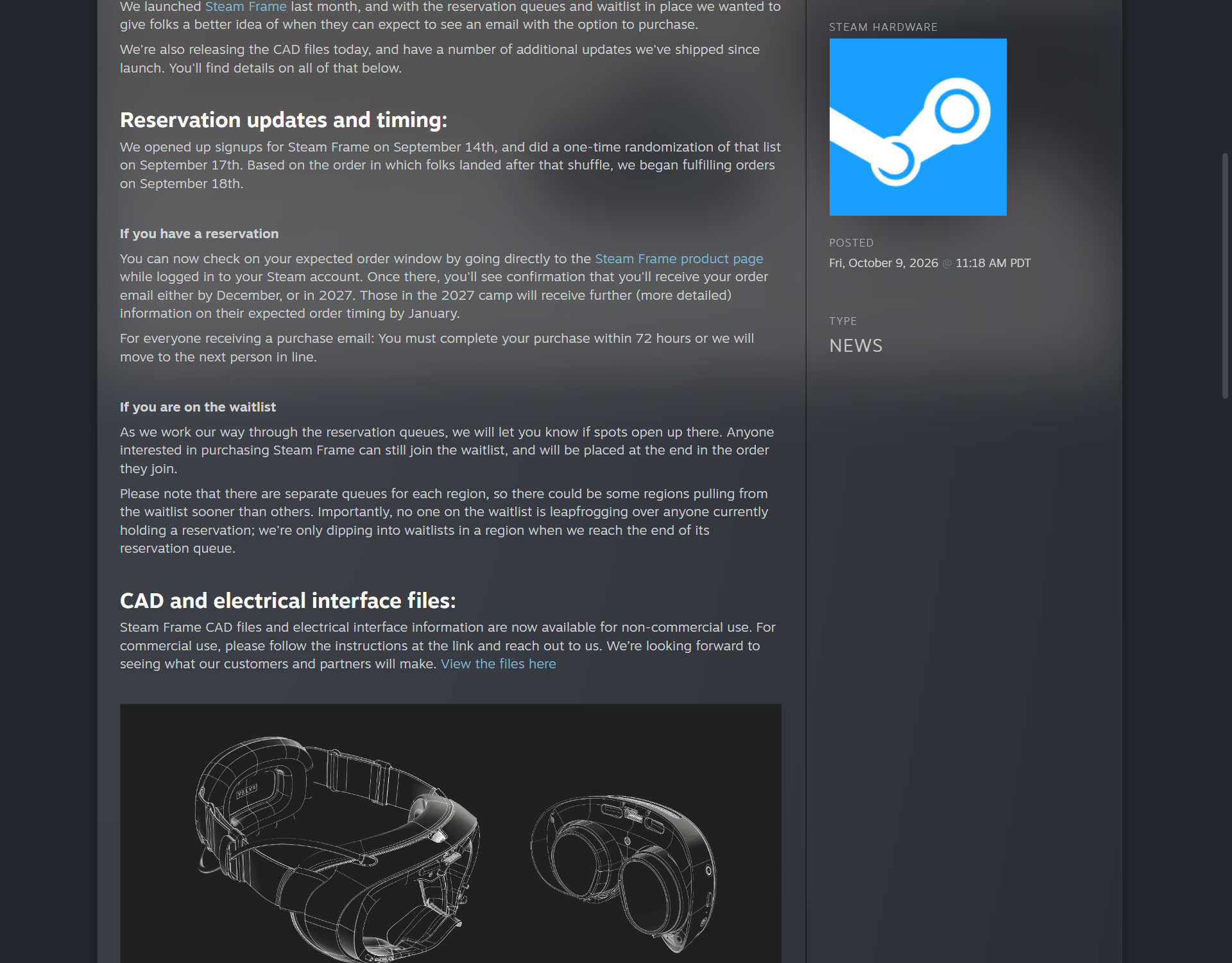 The reservation section of Valve's October 9 Steam Hardware post, with separate paragraphs headed If you have a reservation and If you are on the waitlist