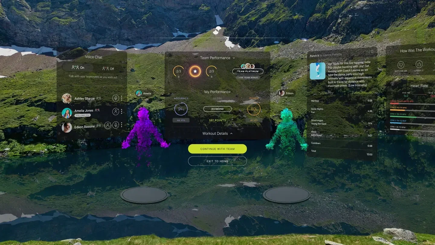 A Supernatural team workout results screen showing voice chat participants, team performance scores, heart rate zones and the song list from the session, over a mountain lake