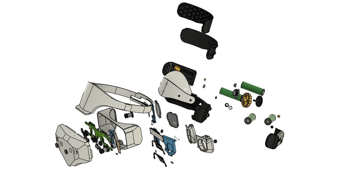 CAD exploded view of the Vector Gear headset, with the front shell, mainboard, lens assembly, halo strap, facial interface and four green cylindrical cells pulled apart