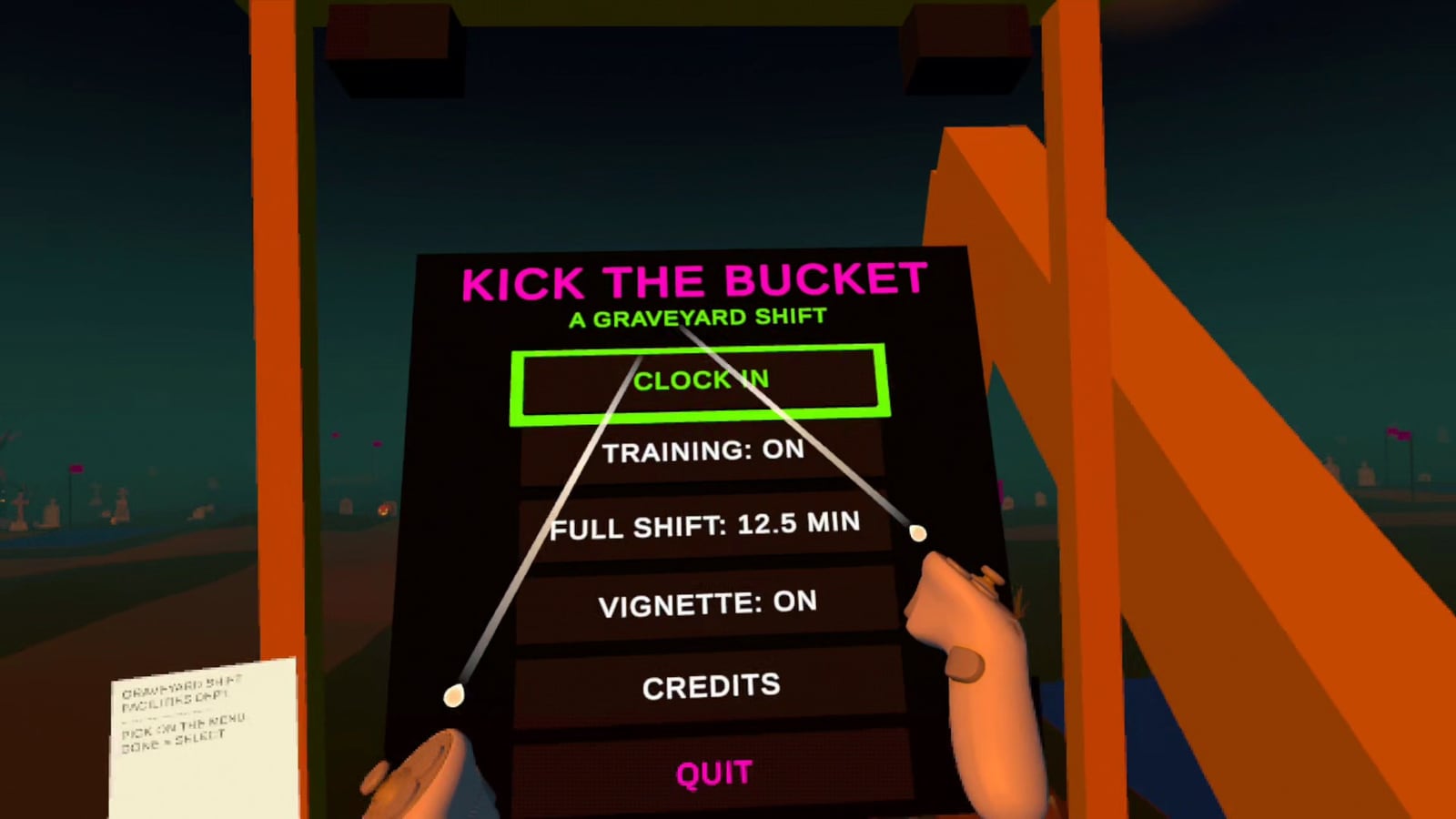 Kick the Bucket VR's start menu inside a backhoe cab at night, reading A Graveyard Shift, Clock In, Training: On, Full Shift: 12.5 Min, Vignette: On and Credits, with two controller pointer beams aimed at it