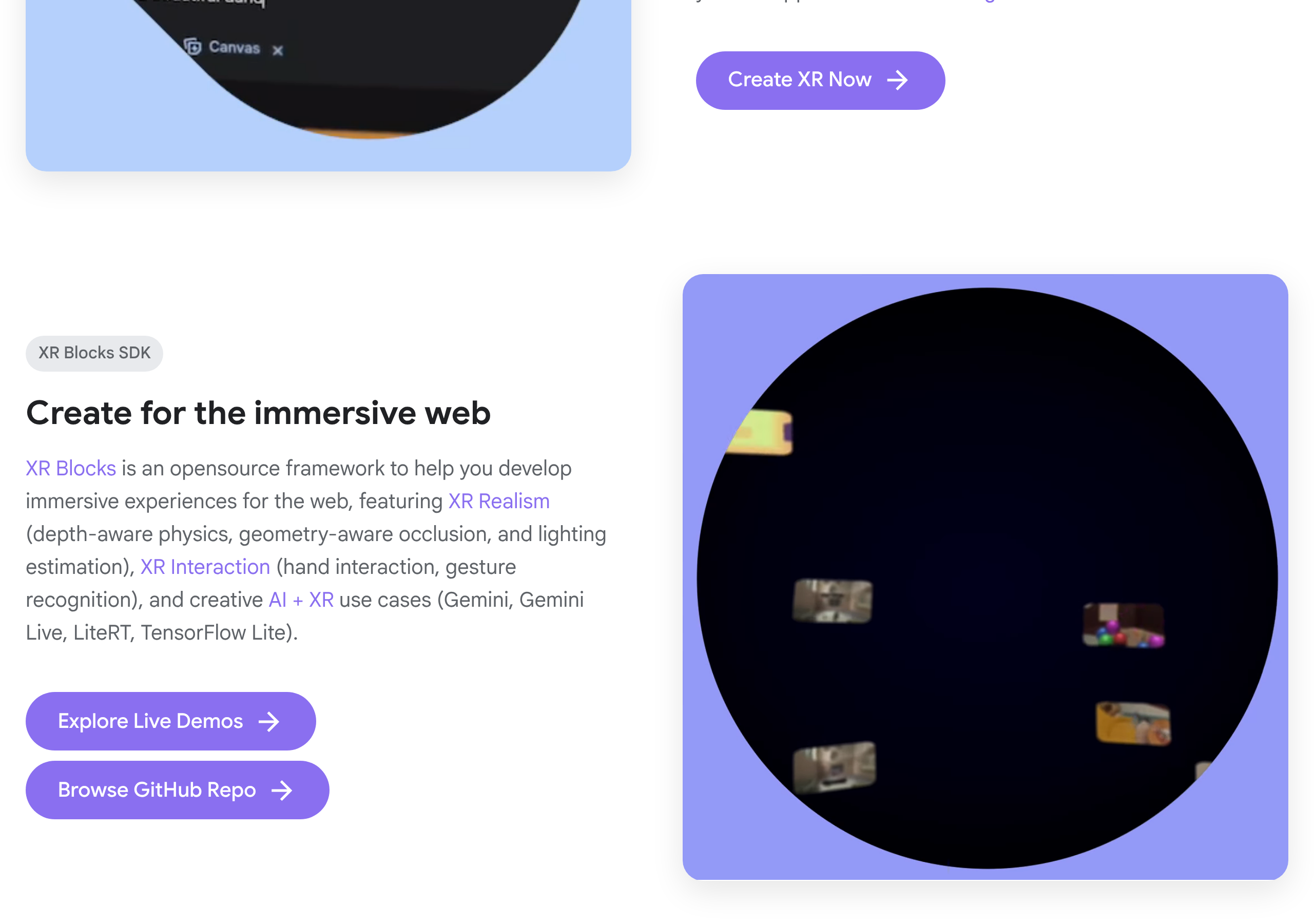 The XR Blocks project site describing the SDK as an open source framework for immersive web development, listing XR Realism, XR Interaction and AI use cases