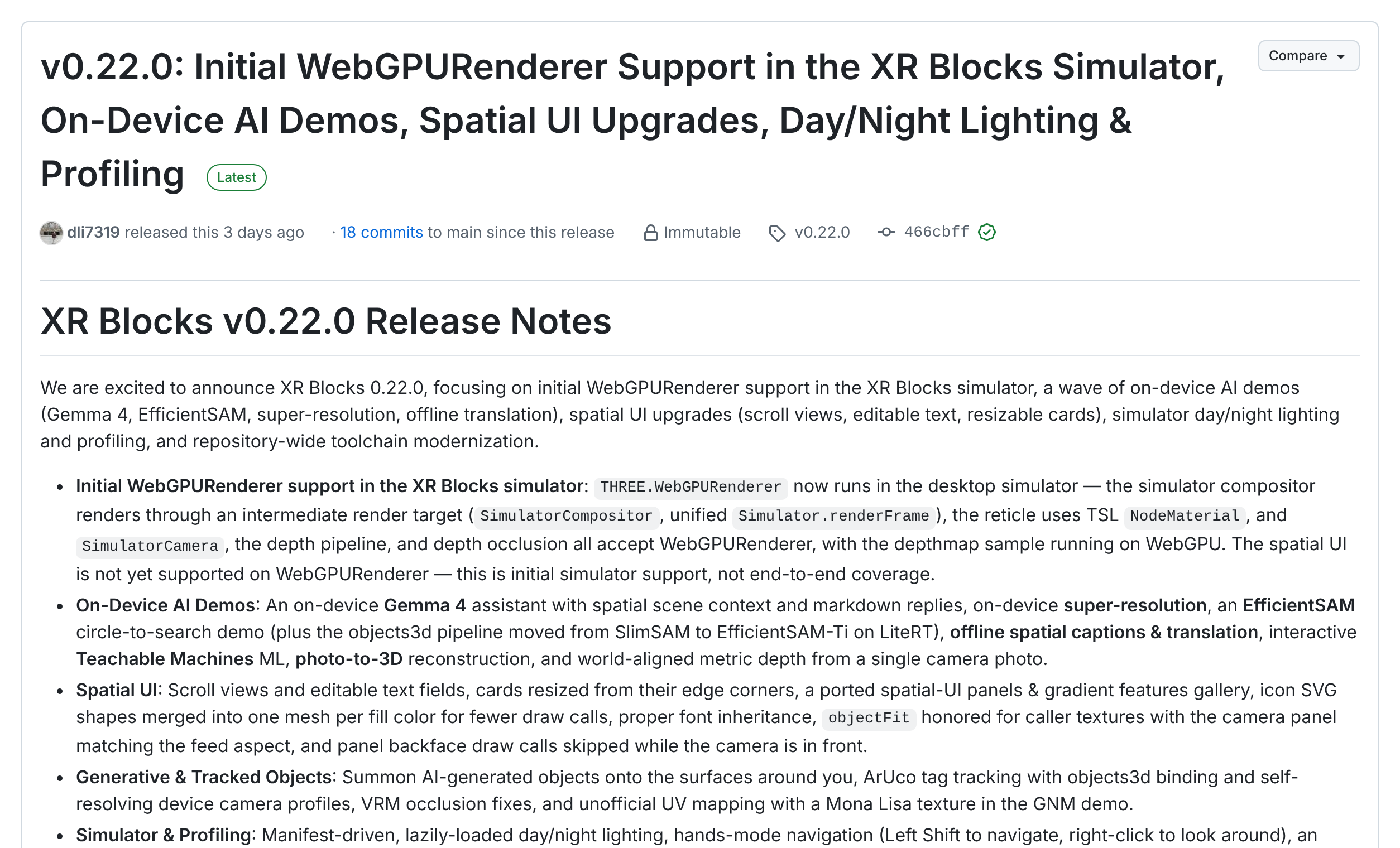 The XR Blocks v0.22.0 release page on GitHub, showing the release title, the version tag, and the opening bullets of the release notes including the WebGPU section